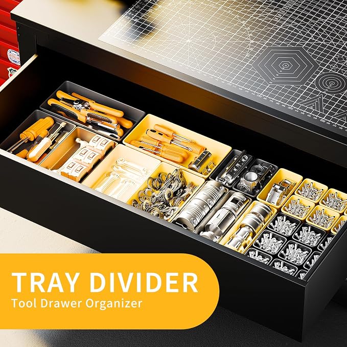 [5 Sizes] [69 PCS] Tool Drawer Organizer, Tool Box Tray, Desk Drawer Tray, Rolling Tool Chest, Toolbox Organzier (Black+Yellow)