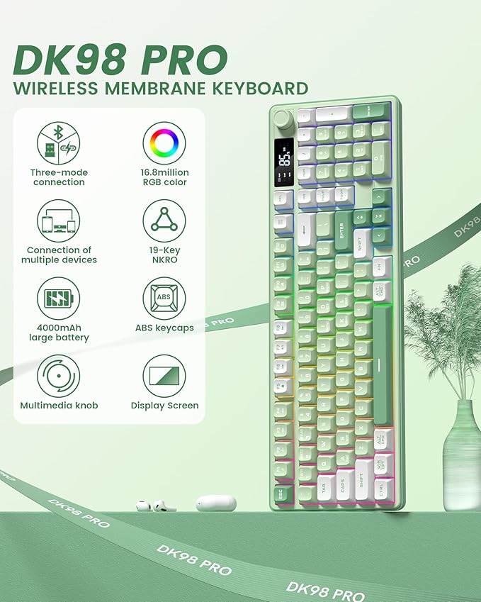 Keymatic Gaming Keyboard Wireless Creamy Keyboard with Media Knob & Screen Cute Keyboard Mechanical Feeling Membrane Keyboard with Number Pad RGB Backlit Tri-Mode BT/2.4GHz/USB-C - Green