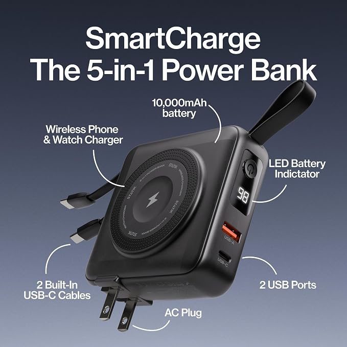Statik SmartCharge Power Bank, 5-in-1 Travel Charger with Wall Plug & Built-in USB C Cables, Watch Charger for Apple Watch, 10000mAh & European Portable Charger, Compatible with iPhone, iPad, Samsung