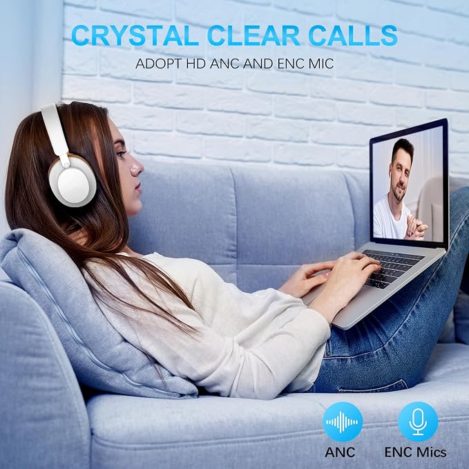 Over Ear Headphones Wireless Bluetooth, Noise Cancelling Headphones Bluetooth with Microphone, Cancelling Wireless Headphones Over Ear, 65h Playtime, Clear Calls, Comfort Fit For Travel (Grey Brown)