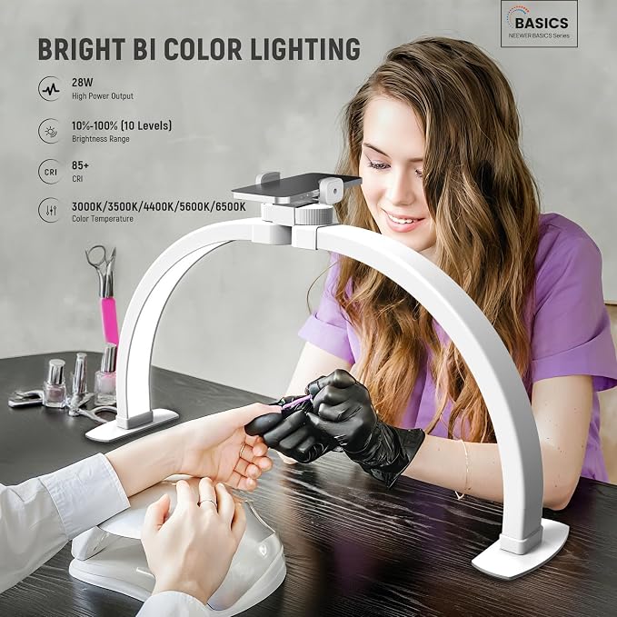 NEEWER BASICS 23" Half Moon Nail Light for Desk, 308 LEDs 28W Bi Color CRI85+ Foldable Nail Tech Table Arc Lamp with Overhead Phone Mount for Manicure Handicraft Lighting Beauty Video Recording,HM04-D