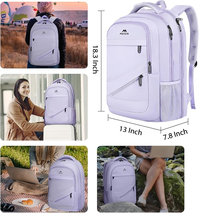 MATEIN Large 17 Inch Laptop Backpack for Women, Lightweight Travel Backpack Fits College School Essentials, Anti Theft Work Commute Nursing Computer Bag TSA Approved for Weekender Trip, Light Purple