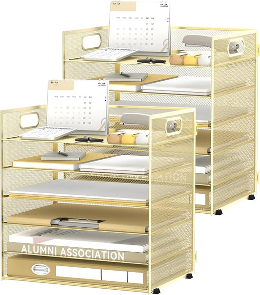 Daltack 6 Tier Paper Organizer for Desk, Paper Letter Tray Organizer for Desks, Mesh Desk File Organizers with Handle for Office, Home, School, Gold, 2 Pack