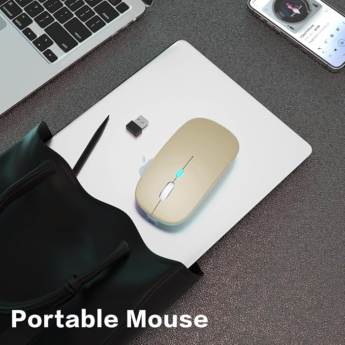 AIKOKOK Wireless Bluetooth Mouse, Rechargeable, Dual Mode Bluetooth 5.2 & 2.4G USB, LED Lights, Slim, Silent, Portable Computer Mouse for Laptop, PC, MacBook, iPad, Tablet (Gold)