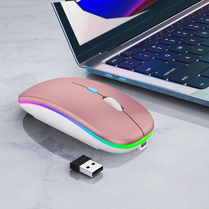 WREANU Wireless Bluetooth Mouse Rechargeable Laptop Mice with LED Lights Silent Slim Use(BT5.2 & 2.4G Portable USB) Dual Mode Computer Mouse for Laptop/iPad/Tablet/Apple/Computer/Mac(Rose Gold)