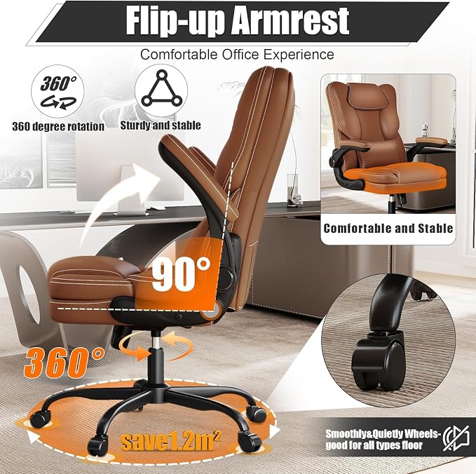 Ergonomic Office Chair with Flip-up Armrests, 300lbs Mid Back Computer Office Desk Chair with Lumbar Support, Executive Leather Chair with Rocking Function Adjustable Height for Home Office