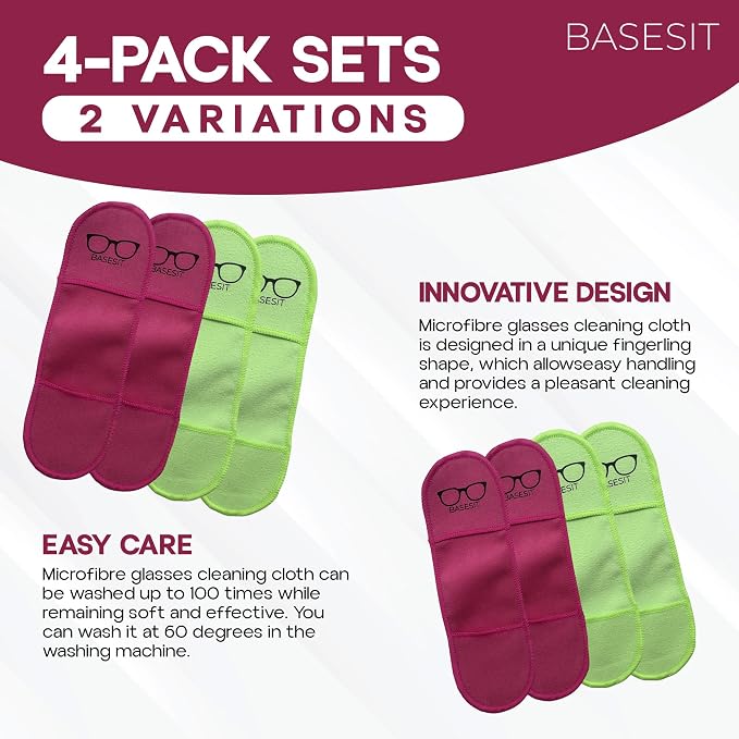 Finger Grip Eyeglass Cleaner (4 Pack) – Premium Microfiber Glasses Cleaning Cloth for Eyeglasses, Sunglasses, Phone Screen & Camera Lens (Rose/Green)