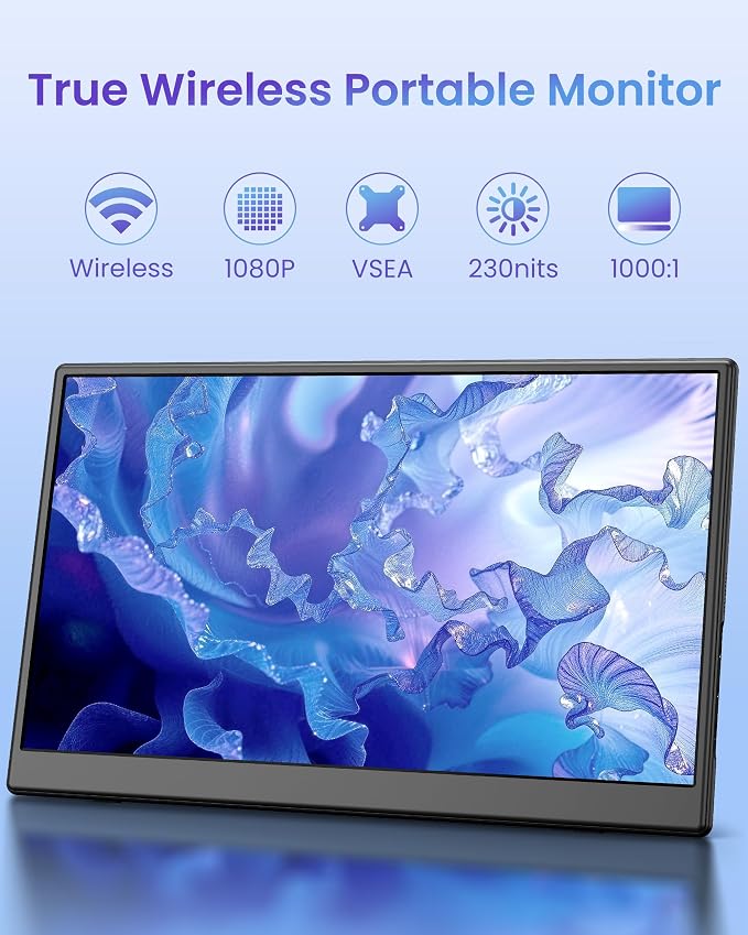 15.6" Wireless Portable Monitor, FHD 1080P IPS Travel Monitor for Laptop, Built-in G-Sensor, USB-C & HDMI, Foldable Stand, PU Protective Case, VESA Mount, Blue Light Protection