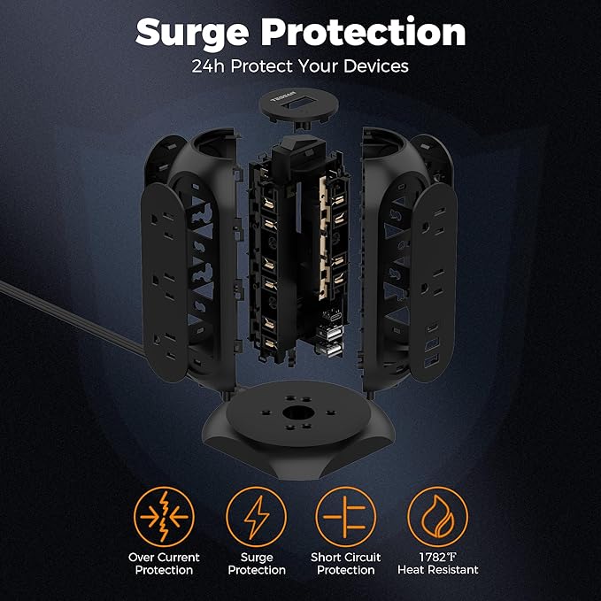 TESSAN Tower Power Strip Flat Plug with 11 Outlets 3 USB (1 USB C), Surge Protector Tower 1625W/13A,1050J Protection, 6 Feet Extension Cord with Multiple Outlets, Dorm, Office Desk Supplies, Black