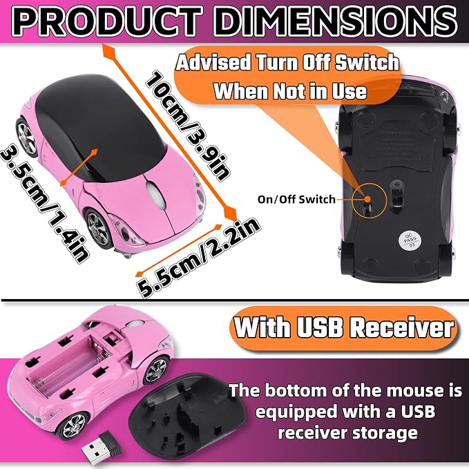 HuGuWdy Pink Wireless Car Mouse - 2.4G Wireless with USB Receiver, Optical Mouse for PC, Laptop, Tablet - Win XP/Vista/7/ME/2000/Mac OS Pink Mouse for Her for Christmas