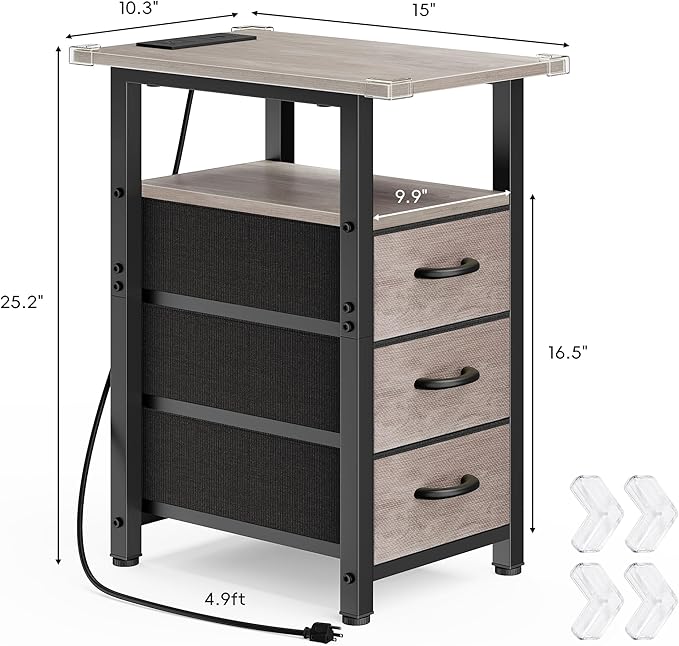 Vagusicc Set of 2 Narrow Nightstand with Charging Station, Slim Dresser for Bedroom Narrow Side Table Storage Cabinet with 3 Drawers, Tall Night Stand End Table for Small Spaces, Greige