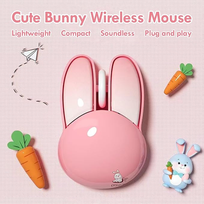 Lomiluskr Cute Bunny Wireless Mouse, Lightweight Soundless Mice, 2.4G Wireless Mice, Candy Colors, Kawaii Rabbit Mouse for Girls and Kids (Pink Bunny)