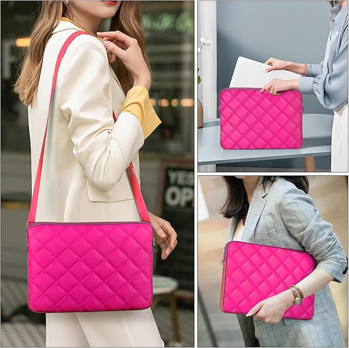 Puffy Quilted Laptop Sleeve with a Shoulder Strap Compatible with MacBook Air 15 inch M2 A2941 2023/Pro 15 A1990 A1707, 15 Surface Laptop 5/4/3, Compatible with Dell XPS 15