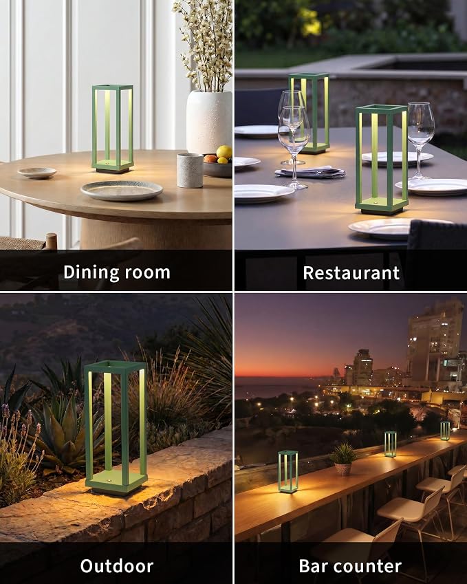 PUSU Cordless Waterproof Table Lamps Set of 2, Green Outdoor Rechargeable 4000mAh Battery Operated Desk Lamp 2700K 3-Level Dimmable, Portable LED Lighting for Patio, Camping, Bedroom, Night Light