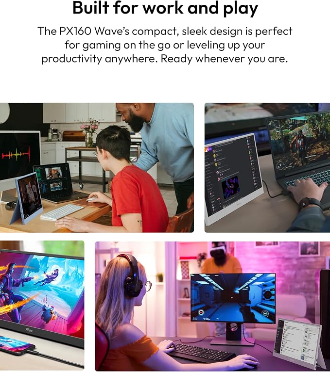 Pixio PX160 Wave Portable Monitor 15.6 inch 60Hz FHD 1080p IPS Panel HDR Screen Cover Stand USB-C HDMI Laptop Screen Extender Portable Monitor for Laptop, PC, Console, Phone