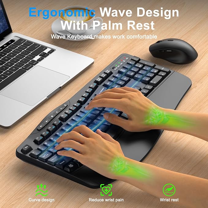 Wireless Keyboard and Mouse Combo, Ergonomic Keyboard with 6 Multimedia Keys, 2.4G Full Size Keyboard with Wrist Rest, 3-Level DPI Wireless Silent Mouse with 6-Buttons, for Windows (Dark Black)