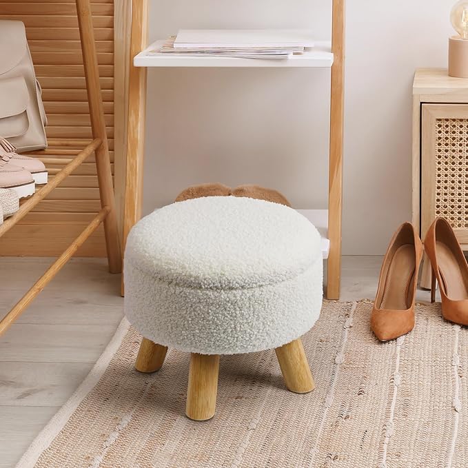 OGEMXU Ottoman Foot Rest, Small Round Ottoman with Storage, Boucle Teddy Velvet Footstool with Wood Legs, Soft Sponge Storage Ottoman for Living Room, Bedroom, Couch, Enterway (Cream)
