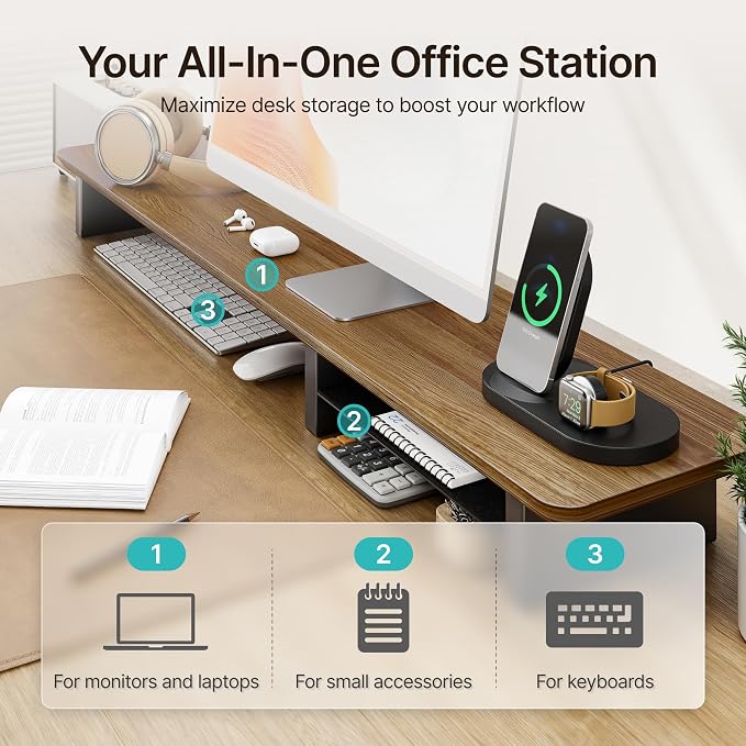 PEGZONE Dual Monitor Riser with Integrated Metal Shelf, Large Walnut Wooden Desk Shelf for 2 Monitors/TV, Wide 46" Long Monitor Stand Riser for Desk, Wood Monitor Stand Organizer for Home Office
