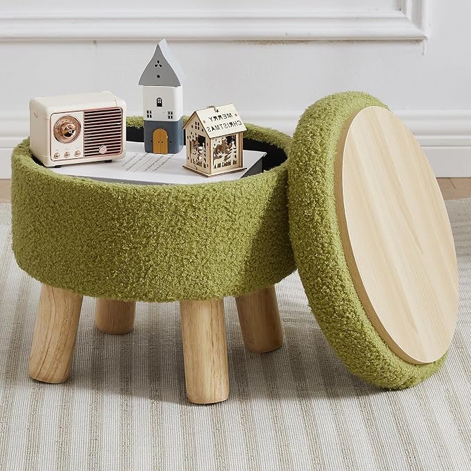 Small Foot Stool Ottoman with Storage, Sherpa Ottoman Foot Rest for Couch, Round Footstool with Storage, Small Ottomans and Footstools for Living Room and Entryway (Bright Green)
