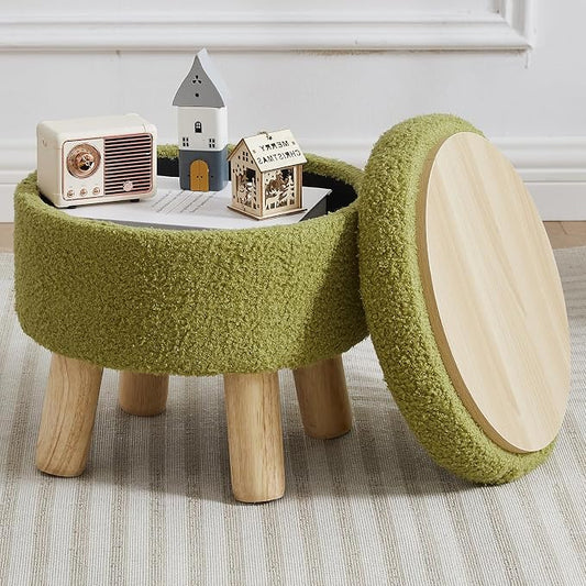 Small Foot Stool Ottoman with Storage, Sherpa Ottoman Foot Rest for Couch, Round Footstool with Storage, Small Ottomans and Footstools for Living Room and Entryway (Bright Green)