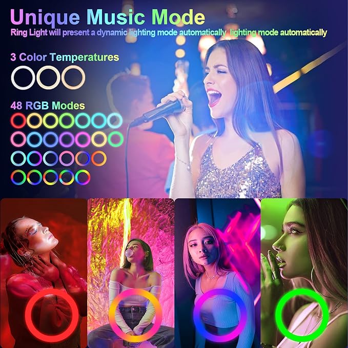 13" Selfie Ring Light with 76" Tripod Stand & 3 Phone Holder, LED Camera Ringlight with 48 RGB Colors Modes & Musical Rhythm Mode and 12 Brightness Dimmable for Makeup/Photography/Videos/Vlog/TikTok