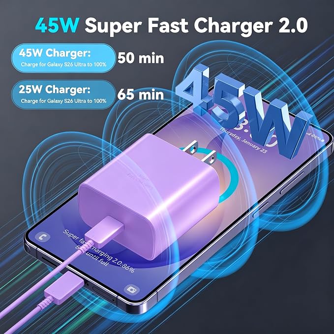 45W Super Fast Charger USB C Android Phone Type C Charger Fast Charging Block with 6.6FT Cord for Samsung Galaxy S26/S26 Ultra/S26+/S25 Ultra/S25/S24 Ultra/S24/S23 Ultra/S22/S21/S20/Note 10, Purple
