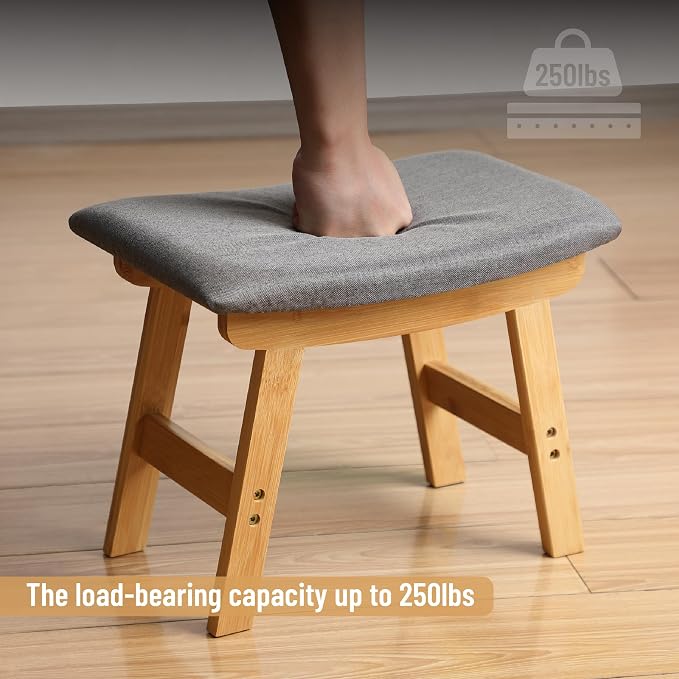 BAMBOO LAND- Bamboo Foot Stools Ottoman, Gray Cushion & Natural Wood Legs, Small Ottoman Foot Rest for Couch