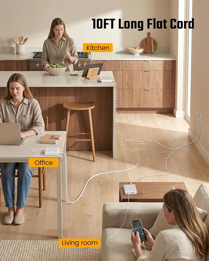 SUPERDANNY Flat Plug Power Strip Surge Protector 10 Ft Long Flat Extension Cord with 4 Outlets & 4 USB (2 USB-C) Charging Station for Home Office, College Dorm Room Essentials, Travel, White