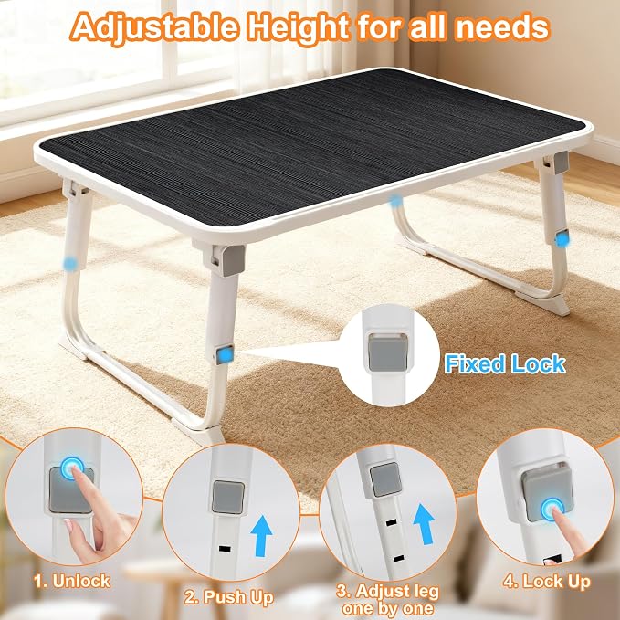 Laptop Desk for Bed, Adjustable Height Laptop Bed Table, Foldable Lap Desk with USB Charge Port, Desktop Card Slot, Side Drawer, Book Shelf, Portable Lap Tray for Eating Reading Working Sofa & Floor