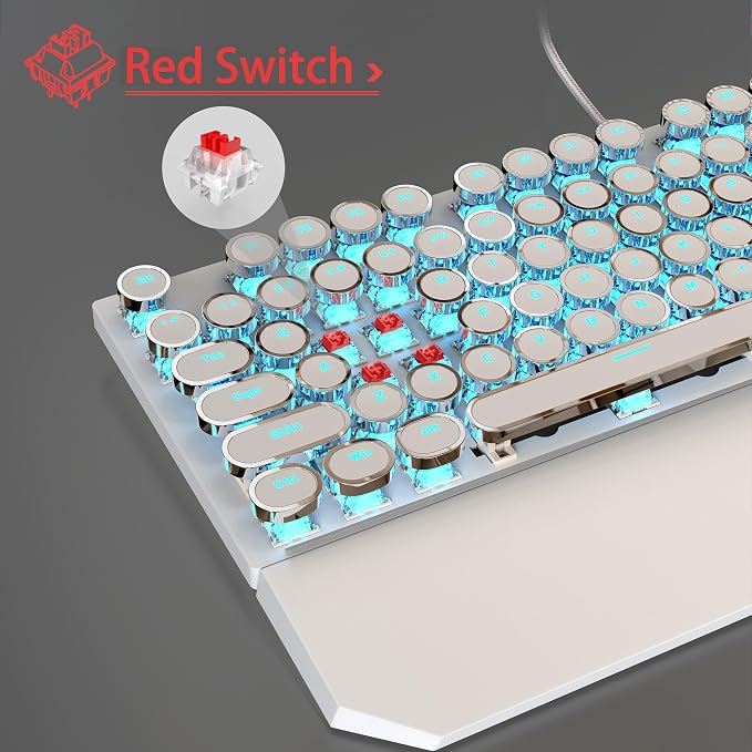 Typewriter Mechanical Gaming Keyboard and Mouse Combo, Retro Punk Round Keycaps RGB Rainbow Backlit Wired Keyboard for Game and Office, for Windows Laptop PC, Red Switches(White)