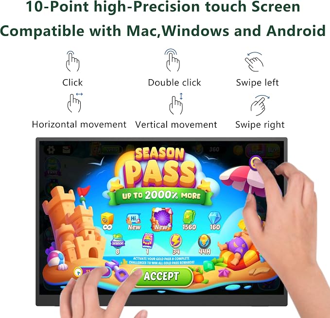 14" Touchscreen Portable Monitor, 16:10 1920×1200 IPS HDR Vertical Monitor, VESA Compatible USB-C Second Screen for Laptop Mac Pc Android (No Touch for iPhone/iPad/Consoles)