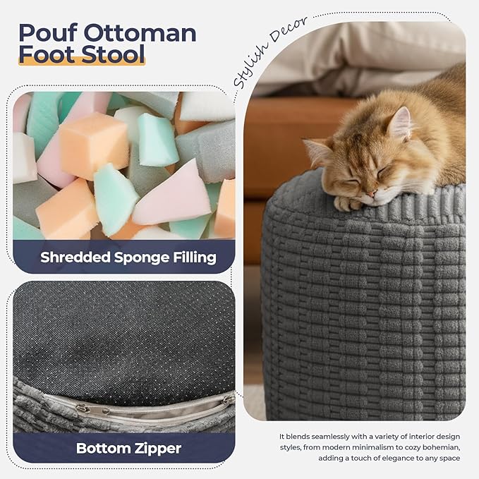 Round Pouf Ottoman Stuffed Corduroy Poufs Foot Rest with Foam Filling Fluffy Pouf Storage Foot Stools Ottoman Rest for Living Room Couch 20 X 15 Inches, Grey