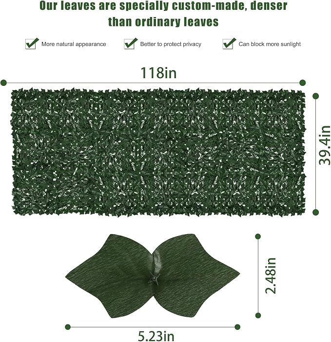 Faux Ivy Fence Privacy Screen Outdoor Expandable Artificial Greenery Roll Fake Hedge Wall Patio Green Plastic Leaf Plant Vine Grass Panels Gate Covering for Garden Yard Balcony (118 X 39.4 in)