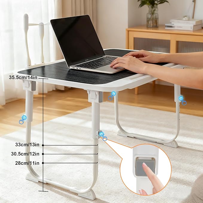 Laptop Desk for Bed, Adjustable Height Laptop Bed Table, Foldable Lap Desk with USB Charge Port, Desktop Card Slot, Side Drawer, Book Shelf, Portable Lap Tray for Eating Reading Working Sofa & Floor