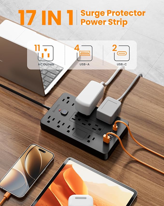 Surge Protector Power Strip - 11 Outlets(1850W/15A/14AWG) with 6 USB Ports(2 USB C), 20FT Flat Plug Extension Cord, Wall Mount, Black, ETL Listed for Home, Dorm Room