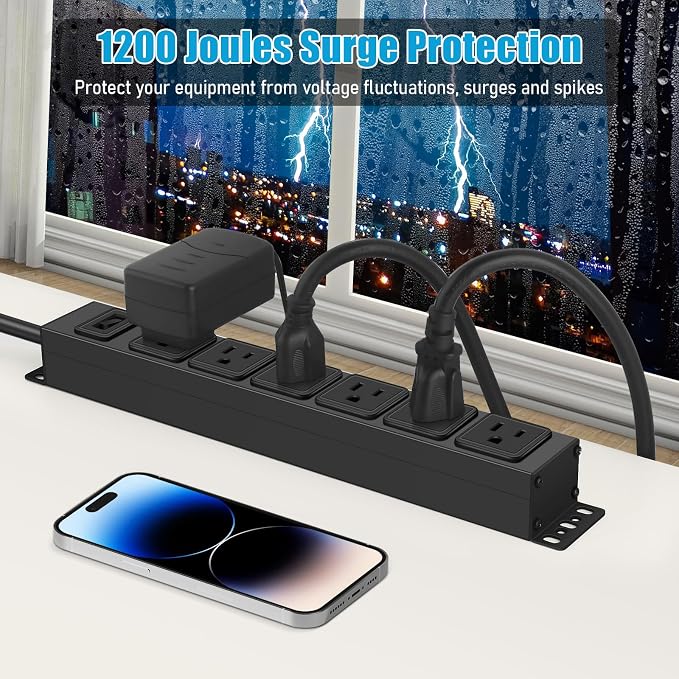 HHSOET Wall Mount Magnetic Power Strip, Under Desk 6 Outlet Mountable Socket, Metal Long Heavy Duty Surge Protector for Garage, Shop, Gaming Table Or Workspace, 6FT Extension Cord