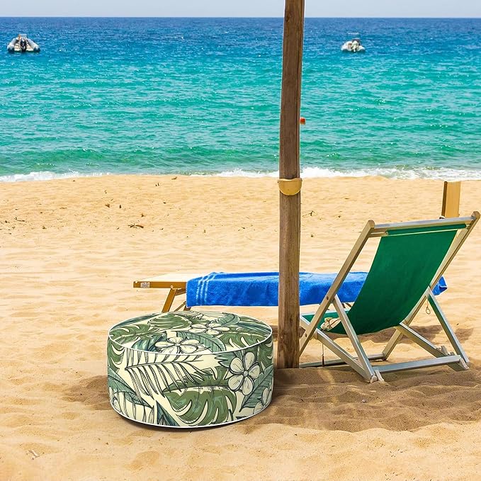 DYTXIII Inflatable Ottoman Stool D21 xH9 for Outdoor/Indoor Use, Water Repellent Patio Foot Rest with Portable Handle,Round Pouf Ottoman Suitable for Garden,Deck and Camping-Tropical Paradise