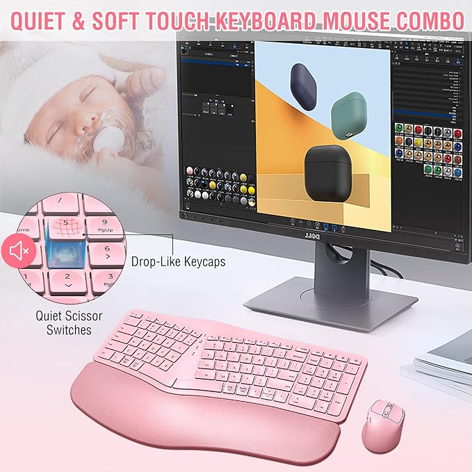 Ergonomic Wireless Keyboard Mouse Combo, EDJO Bluetooth/2.4G Dual Channel, Split Design, Soft Foam Palm Rest, 4 Level DPI Adjustable Wireless Mouse, Rechargeable, for Windows/Mac/Android(Pink)