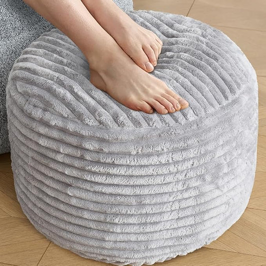 SHOUREN Stuffed Round Ottoman,Corduroy Pouf Ottoman Foot Rest with Foam Filling,Pouf Storage Ottoman Footstool for Living Room,20 X 15 Floor Poufs for Couch - 20 X 15 Inches,Light Grey