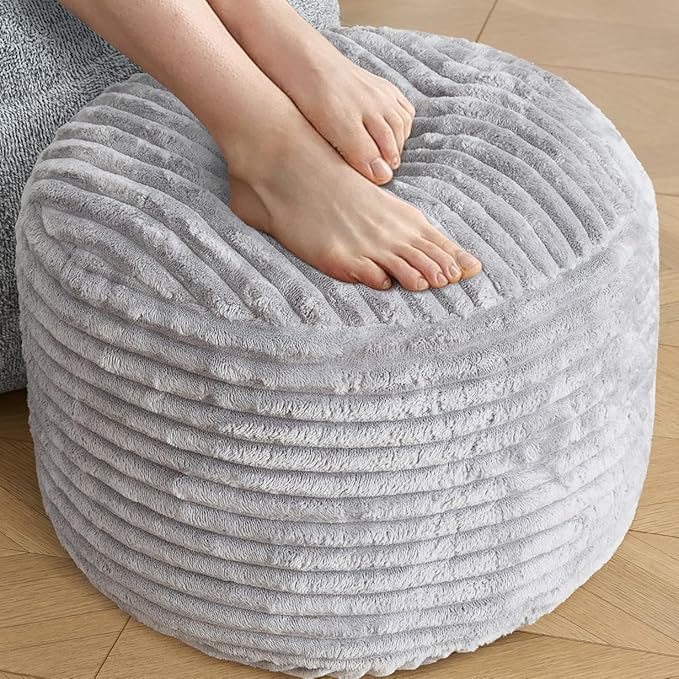 SHOUREN Stuffed Round Ottoman,Corduroy Pouf Ottoman Foot Rest with Foam Filling,Pouf Storage Ottoman Footstool for Living Room,18 X 14 Floor Poufs for Couch - 18 X 14 Inches,Light Grey