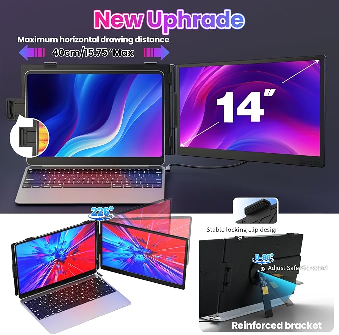 CIDETTY Laptop Screen Extender 0.27" Ultra-Thin, 14" Dual Portable Monitor FHD 1080P IPS, USB-C/HDMI Plug & Play Travel Screen for 13-17" Laptops, Compatible with Wins/Mac/Chrome/Switch/Android
