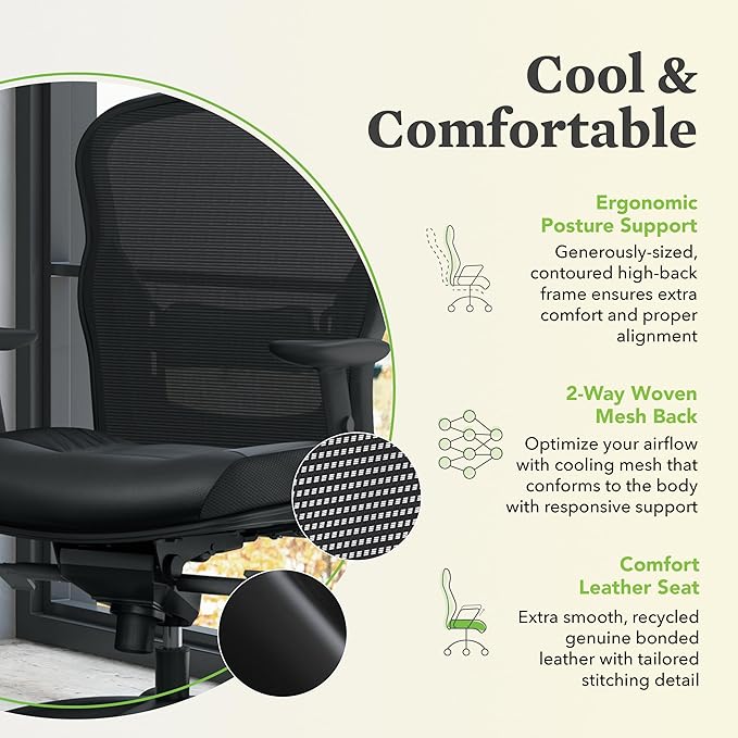 HON Wave High Back Ergonomic Office Chair with Leather Seat and Breathable Mesh Back, Adjustable Arms, Synchro‑Tilt Recline and Swivel Wheels for Desk and Computer Use, Black