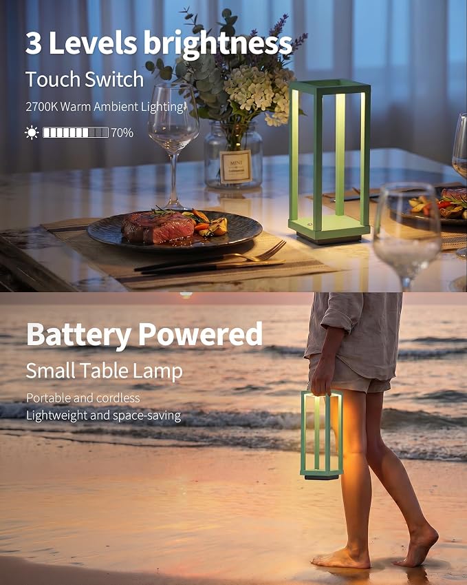 PUSU Cordless Waterproof Table Lamps Set of 2, Green Outdoor Rechargeable 4000mAh Battery Operated Desk Lamp 2700K 3-Level Dimmable, Portable LED Lighting for Patio, Camping, Bedroom, Night Light