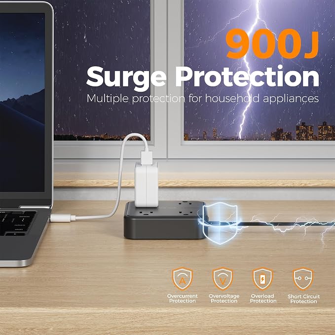 TESSAN Surge Protector Flat Extension Cord 5Ft, Flat Plug Power Strip with 4 Outlets 3 USB Ports (1 USB C), 900 Joules Protection, Multiple Wall Outlet Extender Suitable for Home Office Dorm, Black