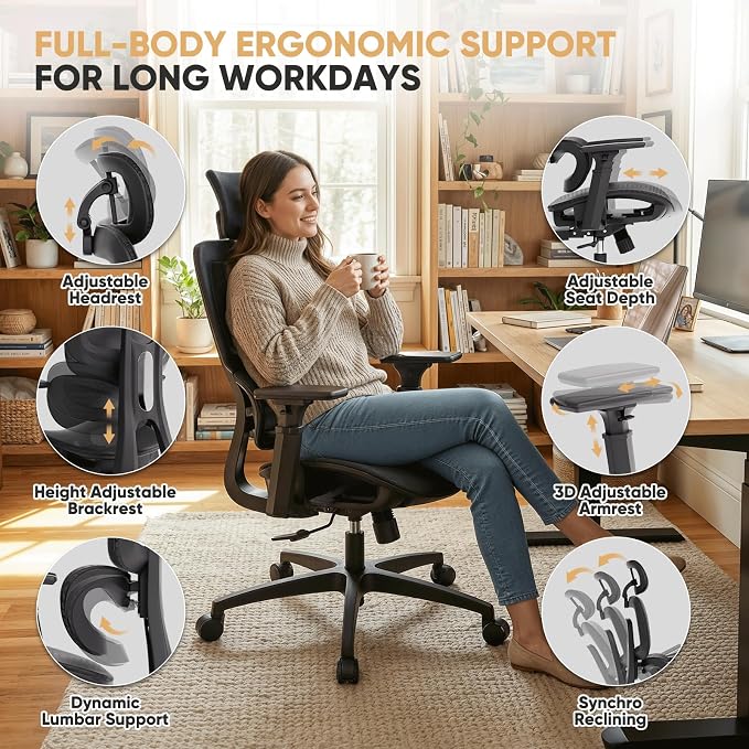 Magshion Ergonomic Mesh Office Chair, Swivel Executive Chair with Adjustable Headrest, 3D Armrests, Tilt Lock and Lumbar Support, Desk Chair for Home Office, 350 LBS Capacity, Black