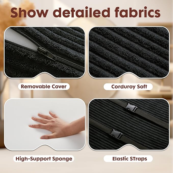 B Shape Corduroy Recliner Foot Pillow, Foam Extra Large Foot Rest Cushion with Adjustable Straps, Suitable for Bed Chair Sofa Headrest Back Lumbar Leg Support Pillow (Black)
