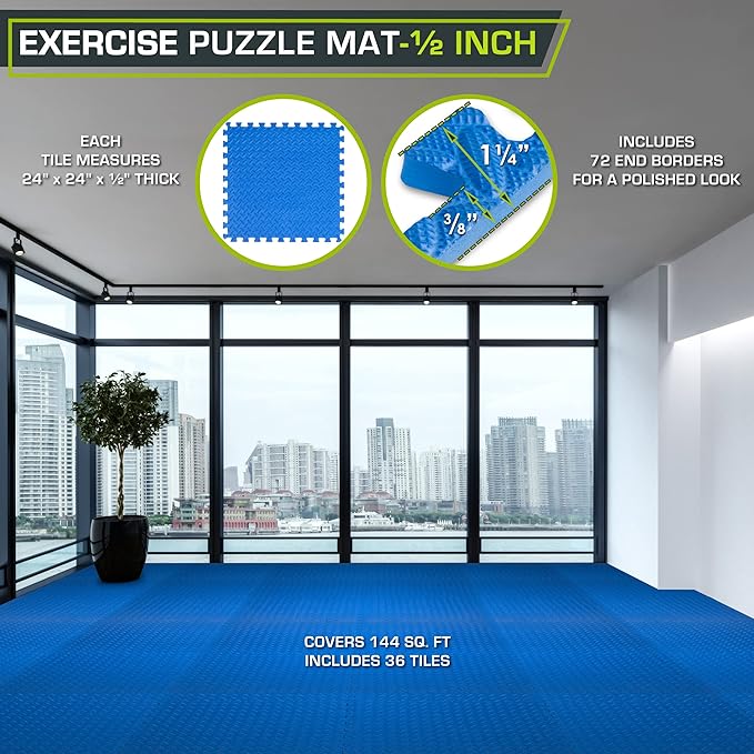 ProsourceFit Exercise Puzzle Mat ½-inch, EVA Interlocking Foam Floor Tiles for Home Gym, Workout Equipment, Kids Play Areas, Blue, 144 SQ FT - 36 Tiles