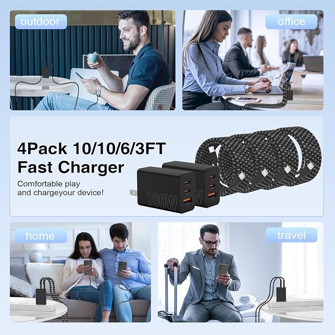 65W Super Fast Charger Type C for Samsung,3 Port 100W PD Quick Charging 3.0 USB C Block & 3/6/10/10FT Braided Type C Cord for Samsung Galaxy S26 Ultra/S26/S25 Ultra/iPhone 17 Pro/MacBook Pro/Air