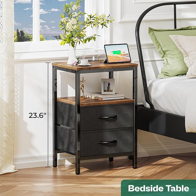 Huuger Nightstand with Charging Station, Side Table with Fabric Drawers, End Table with Open Shelf, Bedside Table with USB Ports and Outlets, Night Stand for Bedroom, Rustic Brown and Black