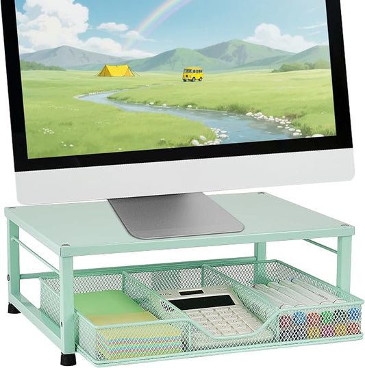 Small Laptop Stand for Desk, Monitor Stand Riser, Office Desk Accessories, Computer Desktop Stand with Drawer for Home, Office, School (Mint Green)